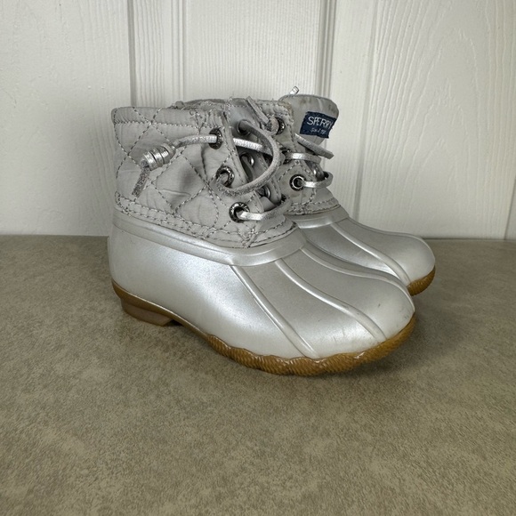 Sperry Silver Saltwater Duck Rain Boots Toddler Lace Up Metallic Size 6m - Picture 1 of 8